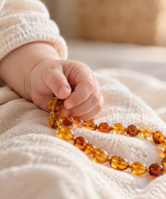Mézszínű borostyán nyaklánc egy baba kezében, krémszínű textilen.