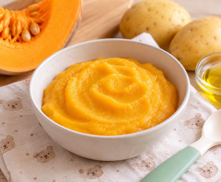 Sütőtökös-burgonyás püré babáknak kerámia tálban