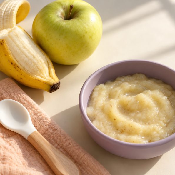 Banán-alma püré lila babatálkában, alma, banán és barackszínű textil mellett.