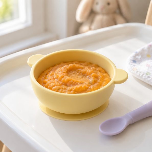 Édesburgonyás-csirkés püré sárga babatálkában, etetőszék tálcáján, lila etetőkanállal.
