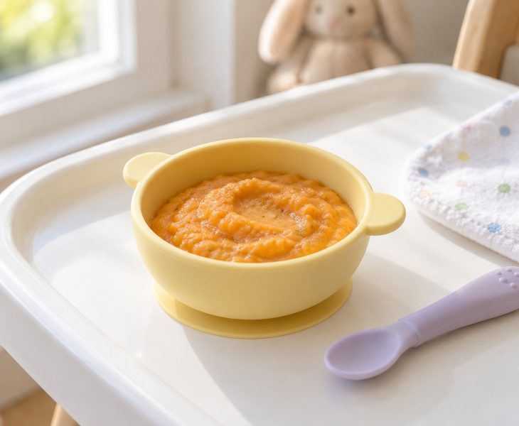 Édesburgonyás-csirkés püré sárga babatálkában, etetőszék tálcáján, lila etetőkanállal.