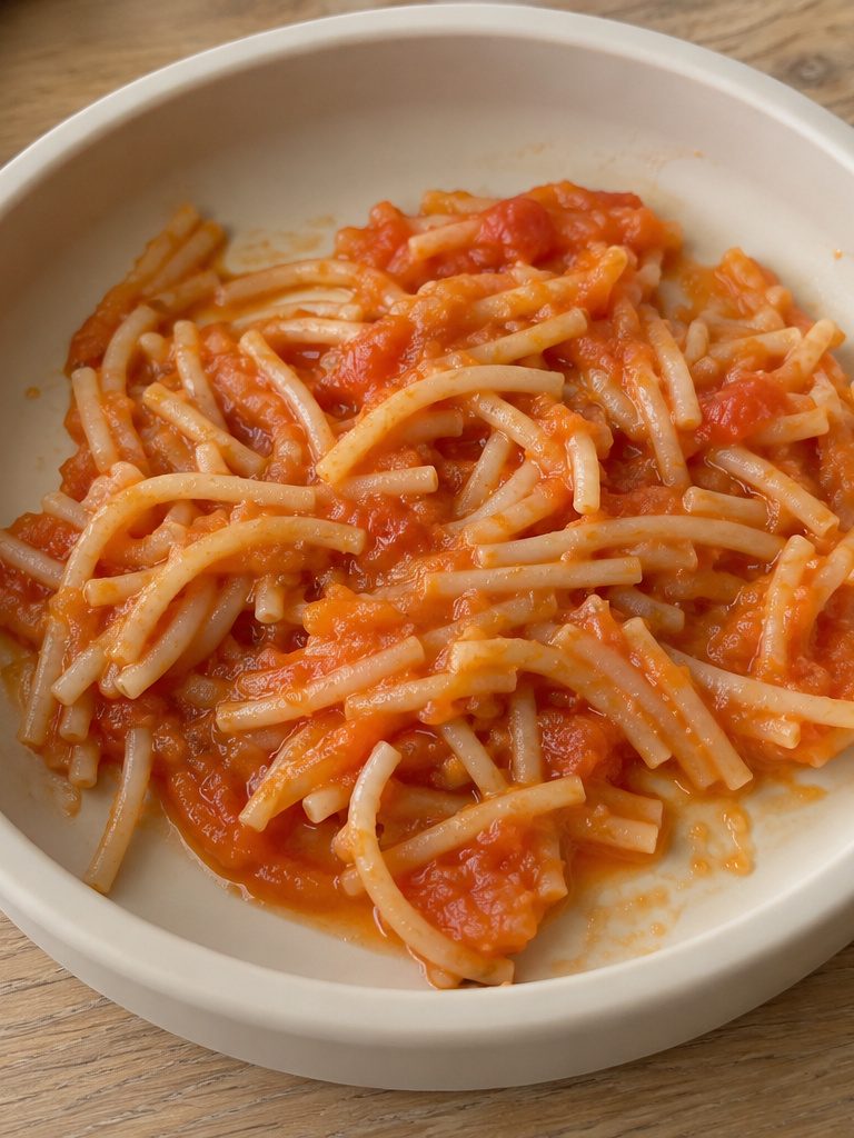 Rövidre vágott spagetti paradicsomos-répás szósszal, világos babatányérban, faasztalon.